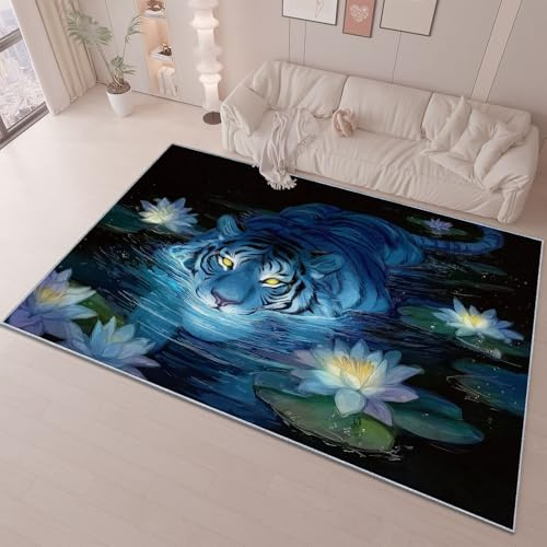 Kurzflor Teppich für Wohnzimmer 160 x 230 cm, Fantasie Tiere Tiger Bedruckter rutschfest Waschbar Bettvorleger Teppiche, für Wohnzimmer Schlafzimmer Büro Bereich Dekor Blau Gelb