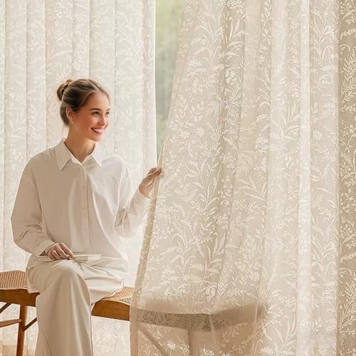 WUBODTI Beige Lace Semi Sheer Curtains 84 Inches Long 2 Panels for Living Room Bedroom, Rod Pocket Vintage Light Filtering Leaf and Branch Patterned Curtain Elegant Boho Floral Home Decor Drapes