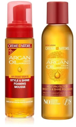 Creme of Nature Foaming Mousse, Espuma Líquida para Rizos con Aceite de Árgan, 207 ml + Protector Térmico con Aceite de Argán, Protege el Cabello contra el Calor, 118 ml