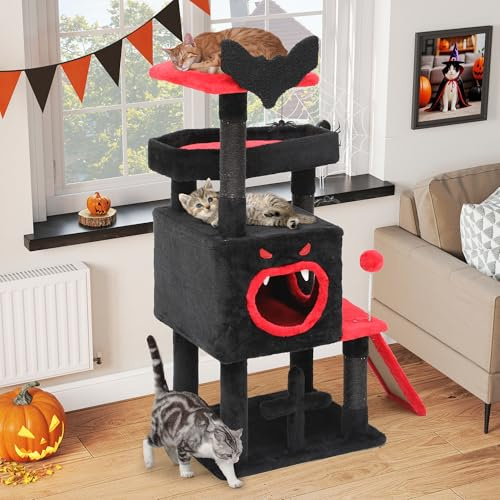 YITAHOME Halloween Gothic Cat Tree, Multi-Level Cat Tower with Dual Perches, Fierce-Mouth Condo, Base Platform, Climbing Ramp, Spider Ornaments & Sisal Posts, Feline House for Indoor, Black & Red