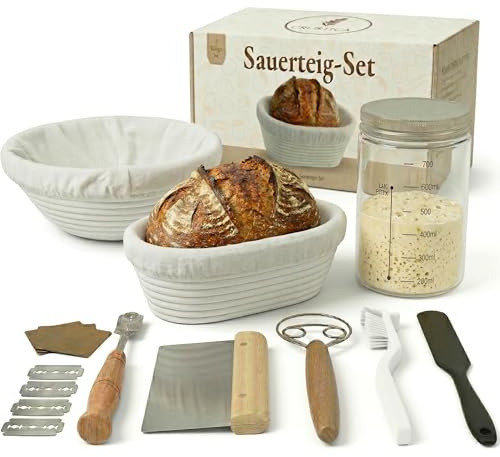 Sauerteig Starter Set 8-Teilig mit Gärkörbchen Rund und Oval, Gärkorb Glasgefäß und Brot Backen Zubehör, Komplettes Sauerteig Zubehör Für Selbstgebackenes Brot und Hobbybäcker von Crustica