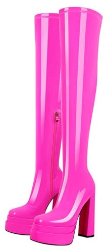 blingqueen Women's Over the Knee High Boots with Block Heels Sexy Square Toe Platform Stretchy Thigh High Boots