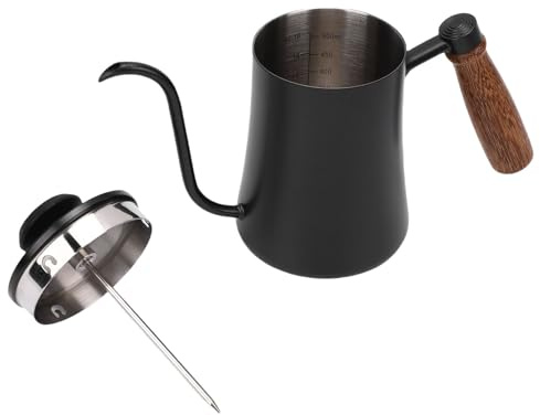 Generic Tekanna med Termometer, 500 ml 304 Rostfritt Stål Svanhals Vattenkokare Häll över Kaffekanna Vattenkokare med Skala Trähandtag för Te Varm Choklad Varma Drycker