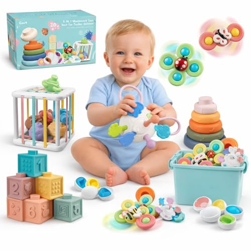 Jouet bébé 1an Montessori 6 en 1, 28 Pièces, Anneaux Empilables, Œufs à Formes, Fidgets Sensoriels, Jouets d'Éveil Sensoriel et Développement Motricité, 6 Mois 18 mois | cadeau bébé fille ou garçon