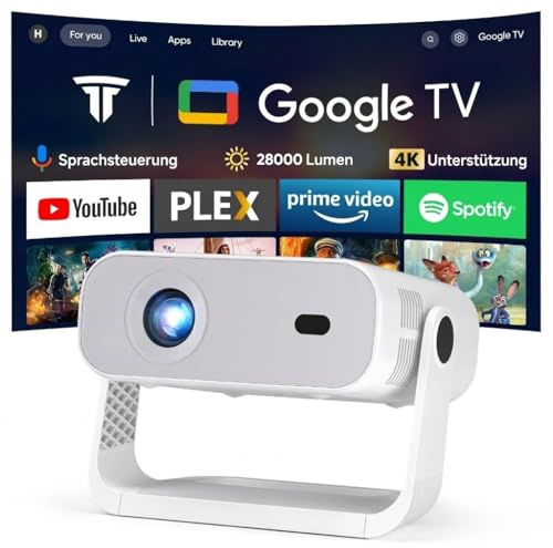 [Wielio 2026 Upgrade Google TV Beamer] Natives 1080P, 4K-Unterstützung, 25000 Lumens,elektrischer Fokus & Trapezkorrektur, WiFi & BT Heimkino Beamer, Mini Projektor mit 360° drehbarem Ständer