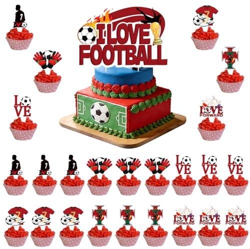 25Pcs Football Cake Toppers for Boys, CR-7 Football Cake Decorations, Soccer Birthday Cake Topper with 24Pcs Sport Soccer Ball Cupcake Picks