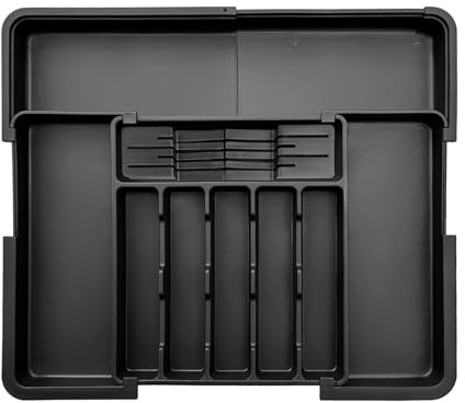 Chiluxendo Cuberteros para Cajon Cocina, Organizador Cubiertos con Bloque para Cuchillo, Bandeja Cubiertos Cajon, Cubertero Extensible, Soporte de Cubiertos Ajustable para Cucharas Tenedores(Negro)