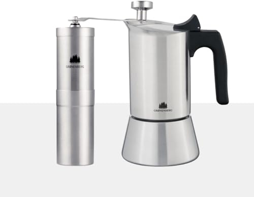 Groenenberg Spar Set 3 | Espressokocher Induktion 6 Tassen + Kaffeemühle manuell | Edelstahl Espressokanne (300ml) + Handkaffeemühle