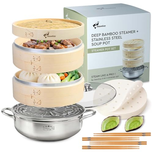 Deep Bamboo Steamer & 5.5QT Stainless Steel Steamer Pot Set, 10-Inch 3-Tier | Incl. 50 Liners Chopsticks Sauce Dishes - Dumpling Steamer for Cooking Chinese Food Bao Bun Dim Sum Rice Vegetable Steam Pot