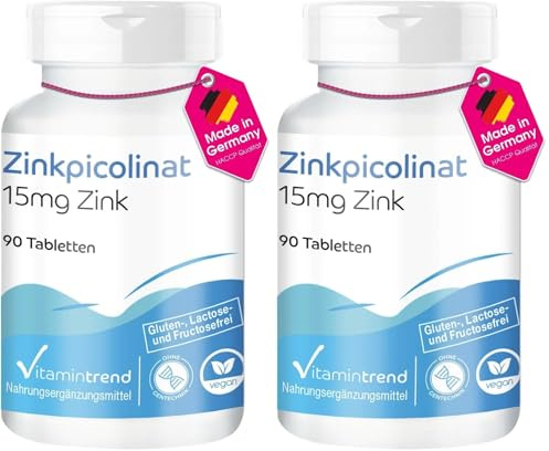Picolinate de zinc - avec 15mg de zinc - 90 comprimés - hautement dosés - dosage sûr - végétalien - suppléments d'Allemagne | Vitamintrend (Lot de 2)