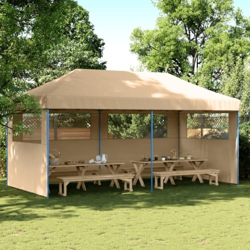 Gazebo pop-up beige, tenda pieghevole con 3 pareti laterali e finestre trasparenti, tessuto Oxford con rivestimento in PVC, struttura in acciaio verniciato a polvere