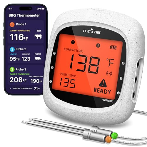 NutriChef Termometro per carne Bluetooth per grigliare e affumicare, termometro WiFi per barbecue e forno affumicatore, 6 sonde di temperatura e app intelligente e portata di 100 m