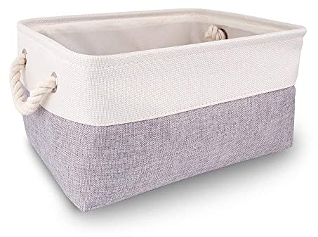 Mangata Fabric Storage Boxes, Collapsible Storage Baskets with Rope Handles for Cupboards, Shelves, Wardrobe, Toys, Clothes (Medium, Grey White)