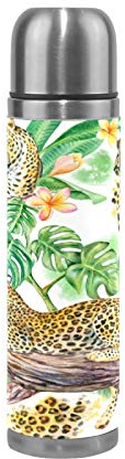 Linomo Thermosflasche Tropisch Blätter Leopard Edelstahl Wasserflasche,Isoliert Auslaufsicher, Doppelwandig Vakuumflasche für Sport Reise Camping Büro 500 ml
