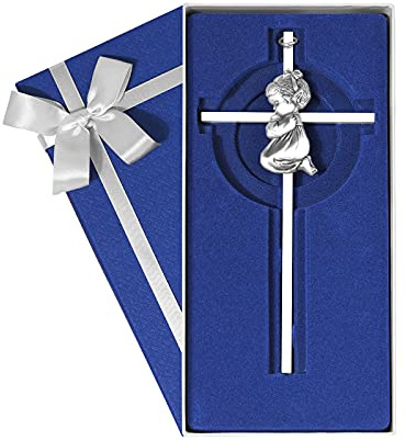 Tryuunion Baby Wall Cross Baptism Gifts for Girl, 7-inch Silver Praying Girls Baptism Crosses for First Holy Communion Christening and Dedication Baptismal Gifts from Godparents