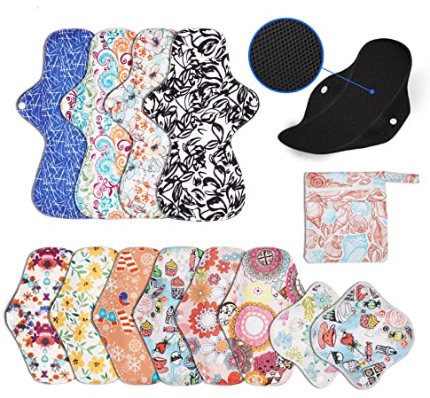 12 Pieces Mix Size Reusable Sanitary Towels Women Hygiene Sanitary Pads for Light Medium Heavy Flow and Night,Washable Cloth Sanitary Pad