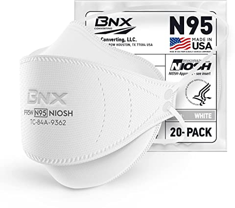 BNX N95 Mask NIOSH Certified MADE IN USA Particulate Respirator Protective Face Mask, Tri-Fold Cup/Fish Style, (20-Pack, Approval Number TC-84A-9362 / Model F95W) White