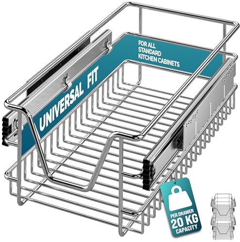 CASARIA® 2x Pull Out Telescopic Kitchen Drawers Basket, For 30cm Units | Fits 26cm Wide Internal Cabinets, Chrome Wire Shelf Organiser Storage Solution, Kitchen Units & Drawers, Heavy-Duty 20KG