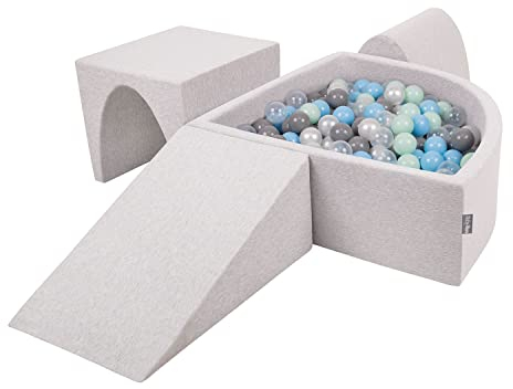 KiddyMoon Spielplatz Aus Schaumstoff Mit Viertel Eckig Bällebad (200 Bälle) Hindernisläufe, Hellgrau:Perle/Grau/Transparent/Babyblue/Minze