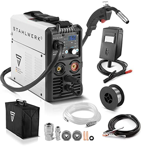 STAHLWERK MIG MAG 160 M Soldadora IGBT Unidad combinada totalmente sinérgica 5 en 1 con 160 Amp reales y 2 rodillos de accionamiento/hilo tubular, MIG MAG, ARC MMA, Lift TIG