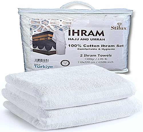Herr Ihram Ehram Ahram set för Hajj och Umrah 1300 g 2 vita handdukar 110 x 220 cm 100 % naturlig bomull hygienisk, bekväm och snabbtorkande