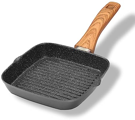 STONELINE Back to Nature Poêle Grill 16x16cm, avec 2 Becs verseurs, Cuisson sans Huile ni Graisse, adaptée à l'Induction, Revêtement Antiadhésif avec de vraies particules de pierre, poignée motif bois