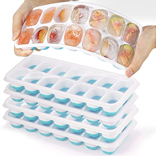 Eiswürfelformen 4er-Pack, Easy-Release & Flexible 14 Eiswürfelformen mit auslaufsicherem abnehmbarem Deckel, Eisschalen für Gefrierschrank, Stapelbare Eiswürfelformen mit Abdeckungen (Blau, 4)