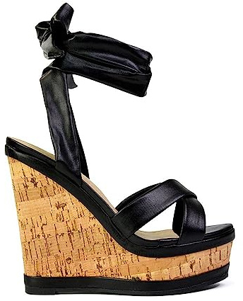 ESSEX GLAM Womens Wedge Heel Sandals Ladies Ankle Strap Lace Up Platform Open Toe Black High Heel Shoes Size 6