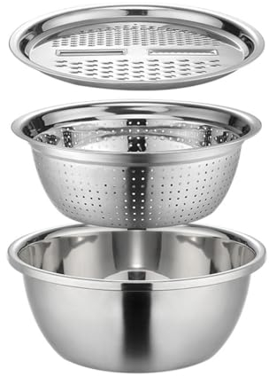 3-in-1 Scolapasta Microforato in Acciaio Inox, ciotola multifunzione in metallo, Scolapasta per Pasta, Frutta, Riso, Verdure Lavabile in Lavastoviglie(Size:26CM,Color:Argento)