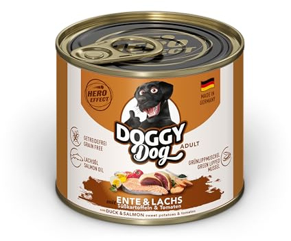 DOGGY Dog Paté Lot de 6 boîtes de 200 g de nourriture humide pour chien sans céréales avec huile de saumon et moule aux orles vertes, aliment complet avec patate douce et tomate, fabriqué en Allemagne