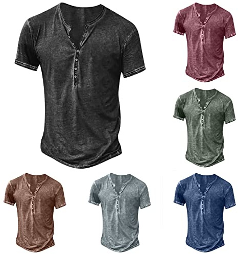 Men Distressed Henley Shirts UK Clearance Man Button Up V-Neck T-Shirts Short Sleeve Tops Comfy Cotton Tees Summer Casual Pullover Regular-Fit Blouse Plain Retro T Shirt Lightweight Tshirts Dark Gray