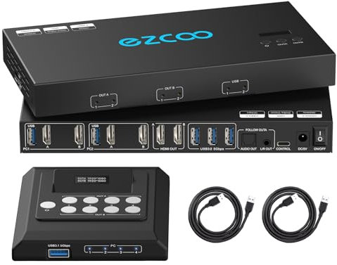 4K@60Hz HDMI KVM Switch USB 3.0 2 Monitors 2 Computers EDID Emulators,Dual Monitor KVM Switch for 2PC Share 2 Displays and 4 USB 3.0 Ports SPDIF L/R Audio,Copy/Extended Mode,2USB Cable and Controller.