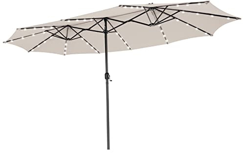 COSTWAY Sombrilla Terraza Exterior Doble, Sombrillas Jardin Grandes con 48 Luces LED, Panel Solar de Carga automática, Sistema de Manivela, Parasol Terraza Exterior (Beige, 470 x 280 cm (con LED))