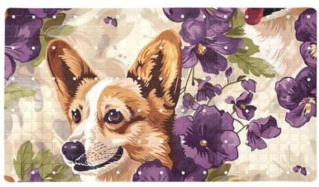 Corgi und Purple Flowers rutschfeste Badewanneneinlage Bodenmatte, schnell trocknend und extra lang, perfekt für Erwachsene, Frauen und Familie, sicher und leicht zu reinigen