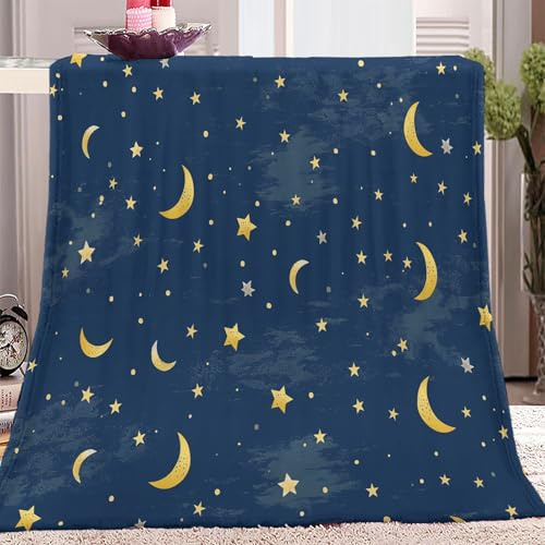 Dunkelblau, Mond, Sterne Kuscheldecke Blau Flauschig Decke Fleecedecke, Sofa Überwurfdecke, Wohndecke Warm Weich Sherpa Wolldecke, Gemütlicher Überwurf Für Bett und Couch 130x150 cm