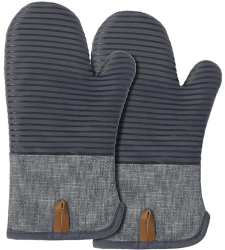 BONTHEE Ofenhandschuhe Hitzebeständige Extra Lang backhandschuhe für Kochen Backen Grillen - 2er Set - Anthrazitgrau