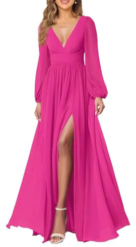 Vestido de dama de honor de gasa con cuello en V y bolsillo formal de manga larga para boda, fucsia, 38