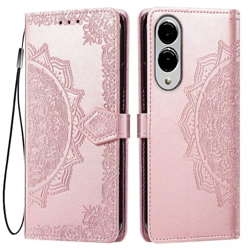 HONLEN Fodral för Samsung Galaxy S25 Edge mobilskal, (6,7 tum) premium PU-läderplånbok magnetlås flip-fodral med 3 kortfack, mandalamönster fodral roséguld