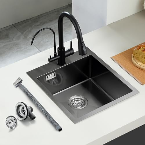 ROVOGO Küchenspüle Schwarz 50x43cm Edelstahl Spüle inkl. Ablauf & Überlauf | Spülbecken Küche mit vollst. Ablaufset, Armatur- & Seifenbohrungen, Edelstahlspüle für Küche, EinbauSpüle 1 Becken