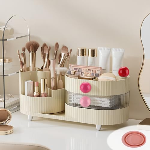WUSUPU Organizzatore di Trucco,Organizer per Cosmetici per Toeletta, Compartimento Rotante 2 in 1 Organizzatore Trucchi, Organizer Trucchi Bagno e Camera da Letto con Piccolo Cassetto Multifunzionale