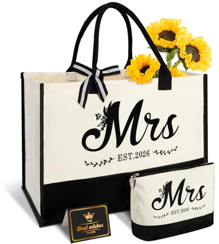 Amosking Mrs 2026 Bride Canvas Tote Bag with Makeup Bag, Wedding Gifts for Bridal Shower Bachelorette Party Engagement Honeymoon, Miss to Mrs, Bride to Be Gifts