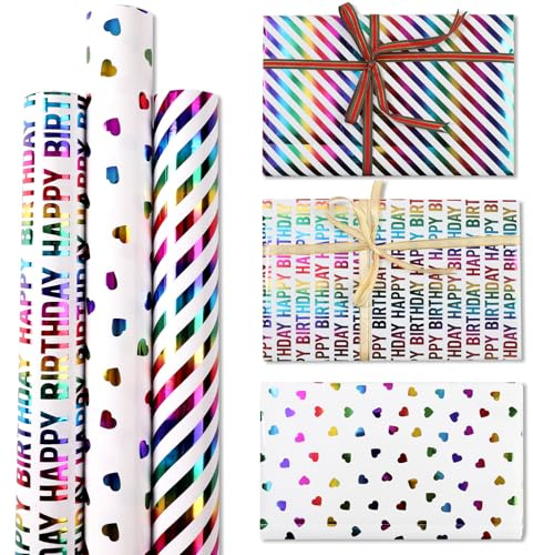 3 Rollen Geschenkpapier 43 cm x 3 m, Geschenkverpackungspapier, Geburtstagsgeschenkpapierrolle, perfekt für Geburtstage, Weihnachten, Hochzeiten, Partys und Geschenkdekoration.