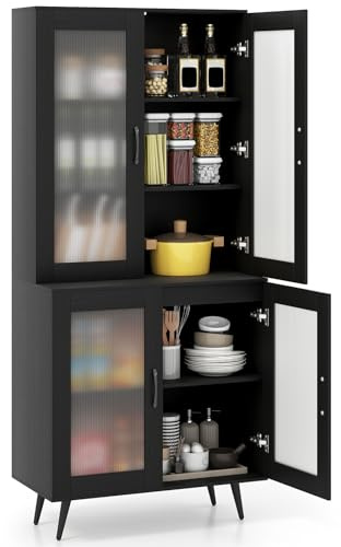 COSTWAY Küchenschrank hoch, 178,5 cm, Küchenregal mit 4 transparenten Türen & verstellbares Regal, Buffetschrank Standregal Hochschrank, für Küche Esszimmer Wohnzimmer, Holz und Metall (Schwarz)