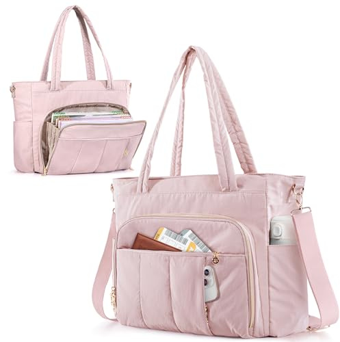 Marscamd Teacher Bag for Women with Accordion File Pockets & Crossbody Strap, Puffer Tote for Work with 15.6 Laptop Compartment, Pink