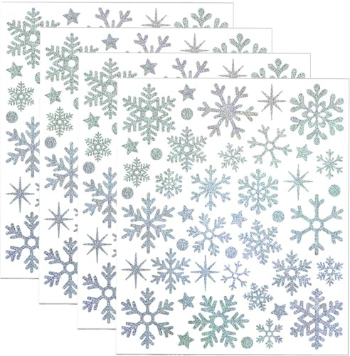 MOMAHUA 176 Pegatinas Infantiles de Purpurina Copos de Nieve Plateados 4 Hojas Adhesivas Decorativas para Manualidades Navidad Fiestas Invierno Tarjetas Regalos Scrapbooking