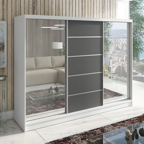 A&J MöbelLand Schwebetürenschrank TOP Kleiderschrank 3-türig 200 cm mit Spiegel und Schubladen, moderner Schlafzimmerschrank mit Schiebetüren (Weiß)