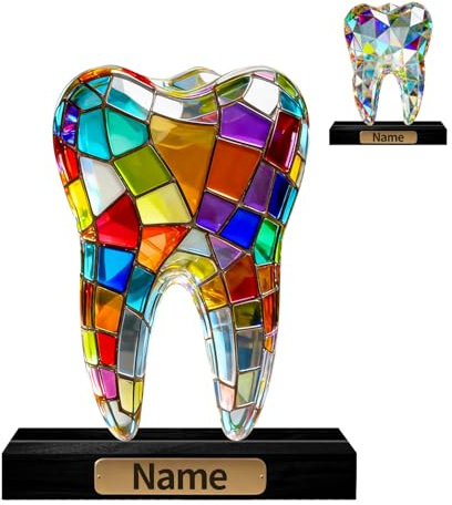 VWCSDSCS Decoración anatómica de Dientes acrílicos Personalizados, Estilo vitral, Figura Colorida con Placa de Nombre Personalizada, Adorno de Escritorio de Halloween, Regalos para Dentistas