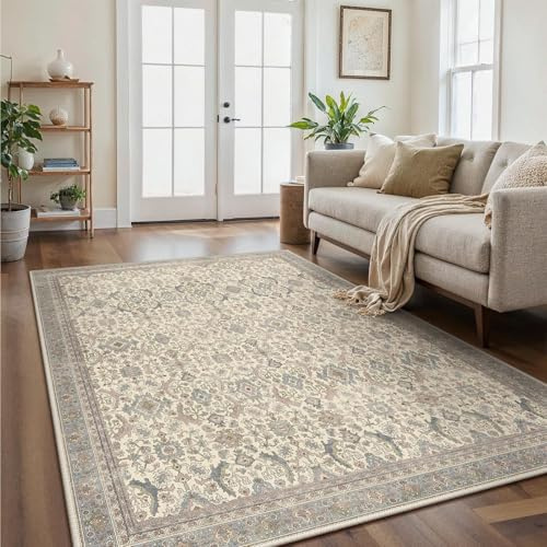 GENIMO Tappeto Morbido a Pelo Corto, 160x230 cm, Antiscivolo e Lavabile in Lavatrice, Stile Boho Vintage, Elegante per Soggiorno, Camera da Letto, Sala da Pranzo, Ufficio, Colore Beige Vintage