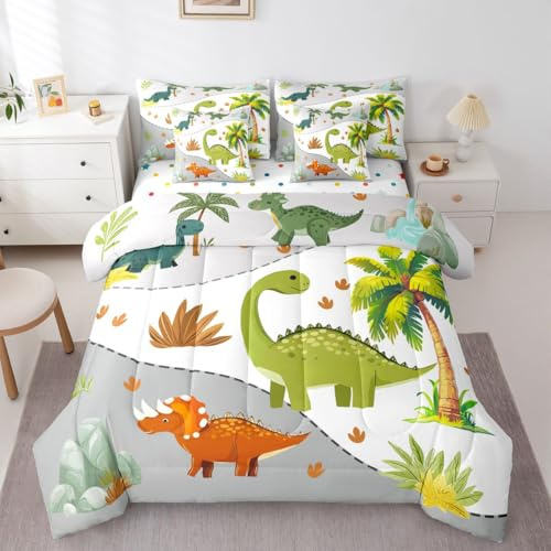 Feelyou Cute Dinosaur Comforter Set with Sheets 7 Piece Twin Size Cartoon Green Dinosaur Bedding Set for Kids Boys Girls Coconut Plant Leaf Dino Bed in a Bag Room Decor Soft Lightweight Microfiber
