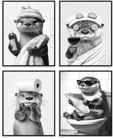 Dazzlewall 4er Set Komische Otter Badezimmer Wanddeko, Retro Schwarz-Weiß Süßer Otter Wandbilder für Toilette Badezimmer Ohne Rahmen 20x25 cm